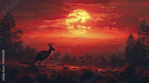 A kangaroo silhouette leaps towards the rising sun over mountains, symbolizing triumph over obstacles on the path to success.