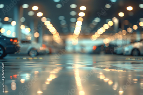 Defocused underground parking garage, blurry background bokeh lights