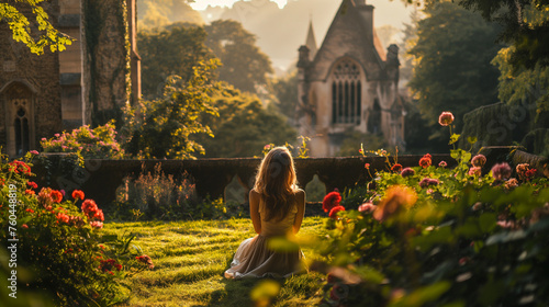 A woman sits in a garden in front of a Gothic building, ai generative
