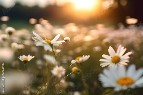 Magical Wild flower field moving in the wind with beautiful sunlight. White daisy meadow in sunset lights. Field of white daisies in the wind swaying close up. Concept: nature, flowers, spring, Genera