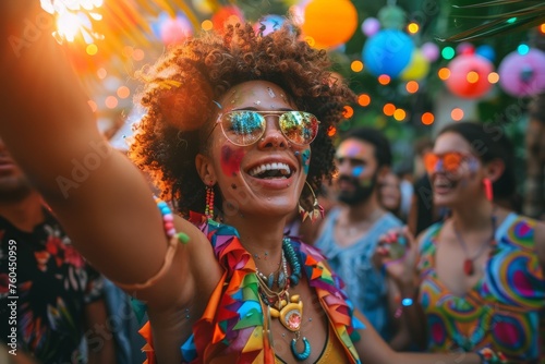A radiant young woman with a beaming smile celebrates at an LGBTQ party, surrounded by friends and colorful decorations, embodying the spirit of inclusivity and joy.