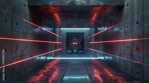 An underground vault protected by layers of security, with 3D-rendered laser grids crisscrossing the entrance, detecting any unauthorized access attempts High detailed and high resolution.