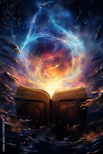 Close-up of a magic book opening a wormhole under the heatwave a romance novel beside it