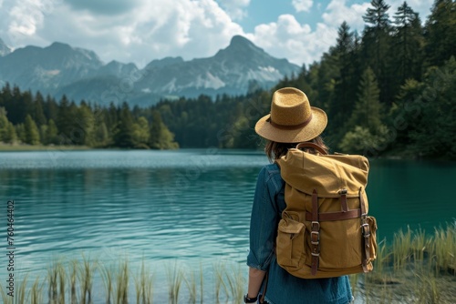 Backpack cap woman lake. Modern fashion. Generate Ai