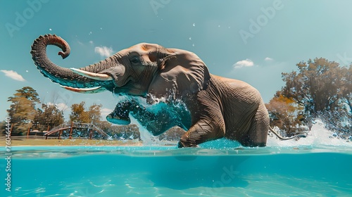Playful Elephant Splashing in Turquoise Water at Animal Park