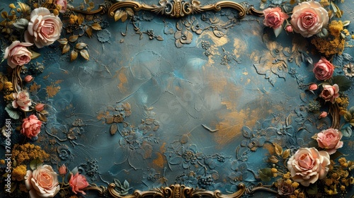 Golden Baroque Frame with Roses on Marble Background.