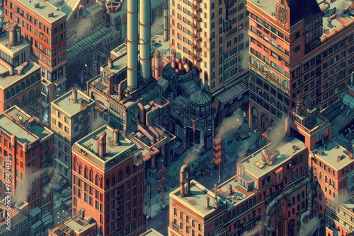 Isometric digital illustration of a futuristic steampunk cityscape with towering skyscrapers, steam-powered airships, and vibrant colors in a gritty urban environment