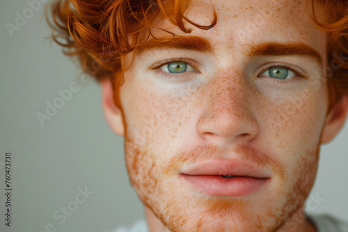 good looking guy Redhead with freckles solid background.