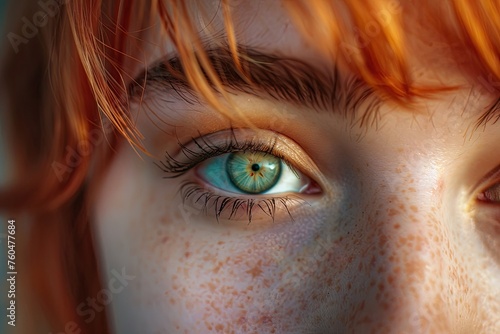 A close-up portrait highlighting the contrast and beauty of a models unique eye color