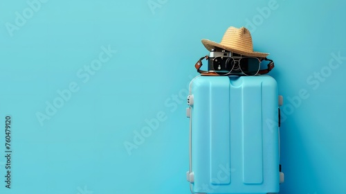 Blue suitcase with sun glasses, hat and camera on pastel blue background. travel concept. minimal style
