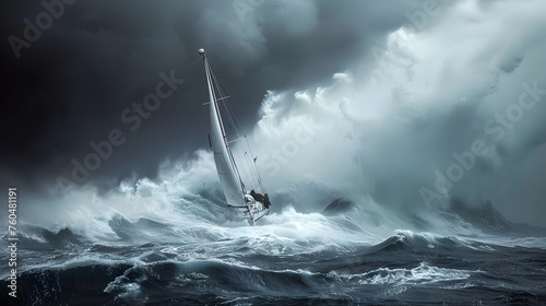 dramatic moment when a sailboat encounters a storm at sea, showcasing the power and intensity of nature's forces