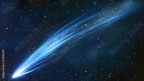 A comet streaking across the night sky, captured in high-definition photography. The comet's tail glows brightly against the dark expanse, with vibrant blues and whites contrasting sharply with the de