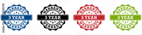Set of 3 year warranty stamp in blue, black, red and green color icons. Symbols for business, package, web or app.