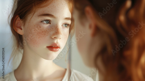 young redhead girl with freckles looks in the mirror, reflection, sensitive