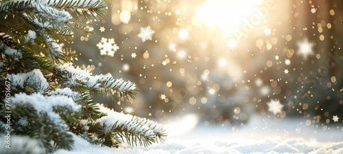Festive christmas background with pine branch and snowflakes border, copy space available