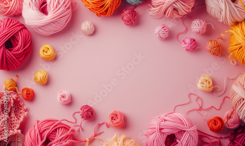 Pink Crochet and yarn wallpaper with copy space and pastel pink background, craft and hobby wallpaper