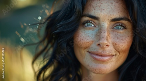 Close up of carefree young woman laughing. Portrait of smiling woman with freckles and closed eyes enjoying beauty treatment. Beautiful girl laughing isolated on background with copy space, skin care.