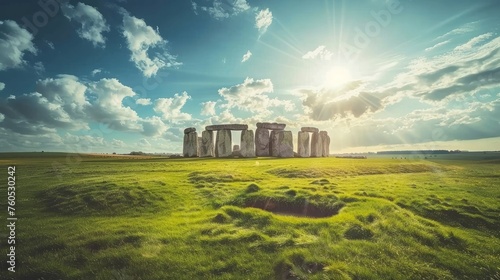 Spring sunny landscape of historic Stonehenge in England, UK. Beautiful panorama.