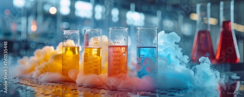 Vibrant chemical reactions in scientific beakers - Colorful liquids in beakers effervescing with smoky reactions in a scientific research laboratory