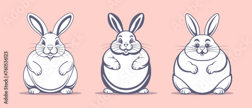 Vector set of simple graphic black and white chubby funny cute cartoon Easter rabbits or hares. Collection of stickers of pet plump bunnies. Domestic good animals.