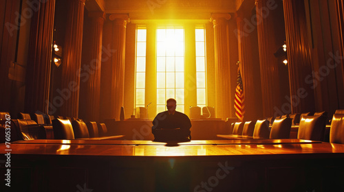 a mysterious person sits at the large table against the light in the office or courtroom