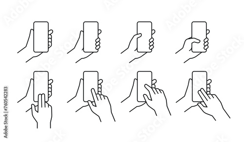 Hands holding mobile phones outline icon. Fingers touching, tapping, scrolling smartphone screens, using applications. People handling cellphones. Flat vector illustration isolated on white background