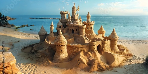 A sand castle is built on a beach next to the ocean. The castle is made of sand and has a castle-like appearance. The scene is peaceful and serene