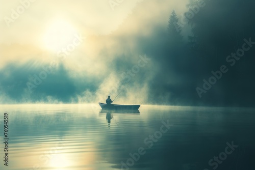 Fisherman fishing on a scenic lake Freshwater angler silhouette with morning fog