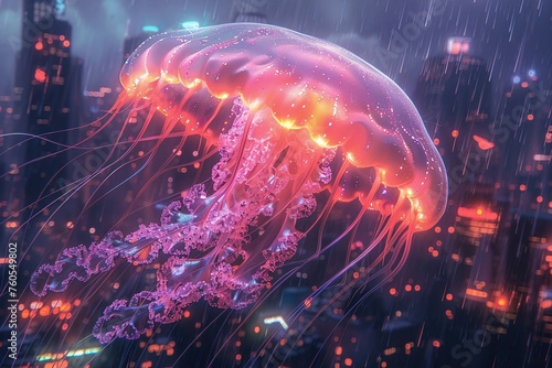 Bioluminescent jellyfish near city architecture, high angle, mystical, digital painting