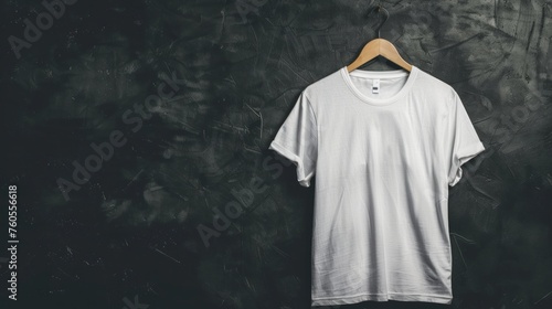 Blank White T-Shirts Mock-up hanging on black wall, front and rear side view. Ready to replace your design