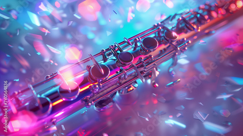3D clarinet surrounded by holographic light, minimalist festive design, ample space for text.