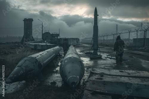 a workers dismantling decommissioned missiles in a disposal facility under a gloomy sky during the afternoon 