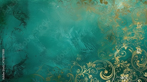 Fine art photography textured background in teal with gold floral accent