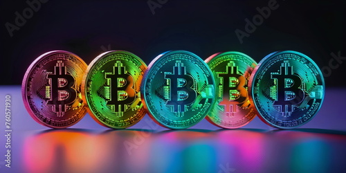 Bitcoin coins neon colors