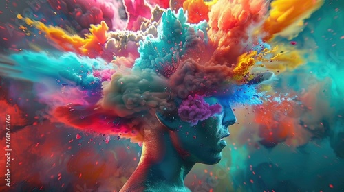 3D clean depiction of a mind in creative overdrive colors bursting from the head in vivid splendor