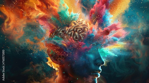 3D clean depiction of a mind in creative overdrive colors bursting from the head in vivid splendor