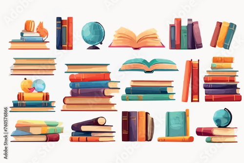 Book stack and single, closed and open in cartoon vector illustration set. Tall and small pile of literature with paper pages, colorful hardcover and bookmarks for education and reading concept. 