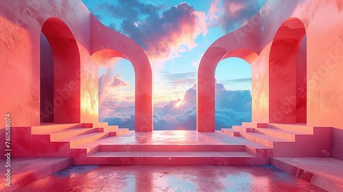 3d Render, Abstract Surreal pastel landscape background with arches and podium for showing product, panoramic view, Colorful dune scene with copy space, blue sky and cloudy, Minimalist decor design