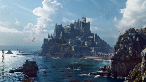 A large rocky island coast with a medieval castles and large villages