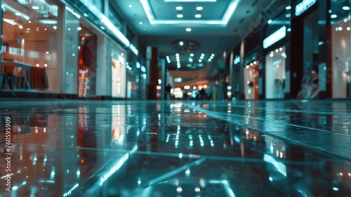 Wet floor in a shopping mall, suitable for safety and cleaning concepts