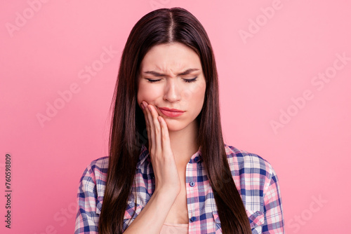 Close-up portrait of her she nice attractive cute charming sad straight-haired lady having pain attack teeth damage painkiller meds closed eyes isolated over pink pastel background