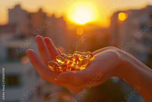 Person holding a handful of fish oil. Suitable for health and wellness concepts