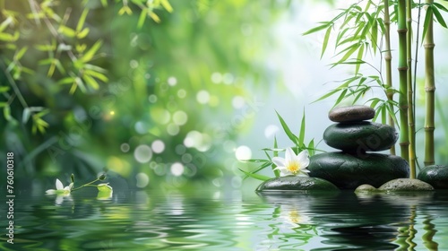 Bamboo shoots and stones in spa balance lush green with serene water reflection