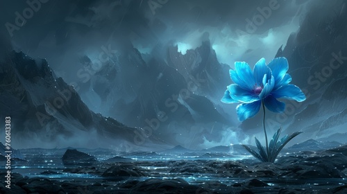  a blue flower sitting in the middle of a rocky area next to a body of water with mountains in the background.