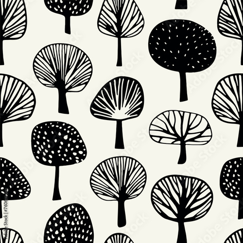 Vector seamless pattern. Floral background with stylised trees. Cute childish repeating forest.