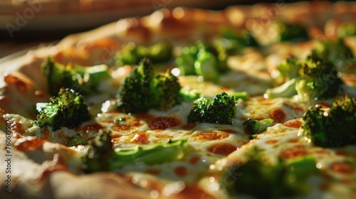 Close up of a pizza topped with fresh broccoli. Perfect for food and cooking concepts