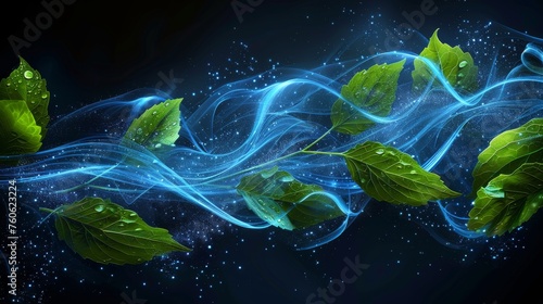 Glow waves and swirls, wand trails, fresh menthol breath, detergent, or blue air with green leaves, realistic 3D modern illustration of freshness effect.