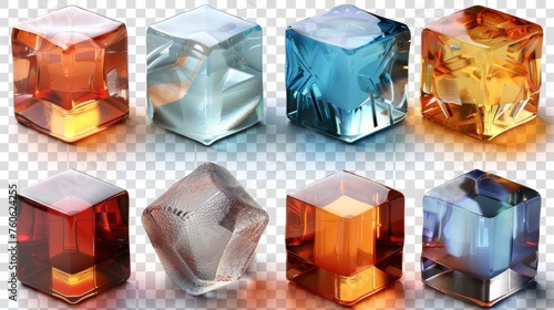 The cubic shape of a plastic or glass object from different angles, a crystal block or aquarium podium, and a glossy geometric object isolated on transparent background, are realistic 3D modern