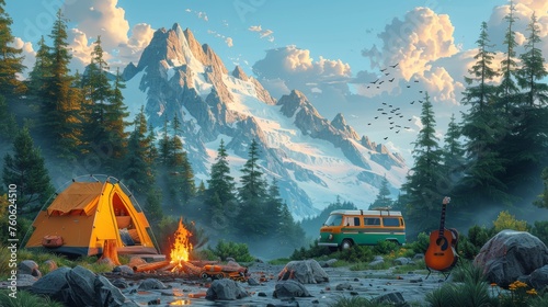 This modern landscape illustrates a summer camp with a bonfire, tent, van, backpack, chair, and guitar in a mountainous forest. The equipment can be used for hiking, camping, and activities.
