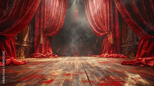 The red stage curtain and wooden floor realistic modern illustration. Covers for theaters, operas, concerts, and cinemas. Portiere for ceremony performances.